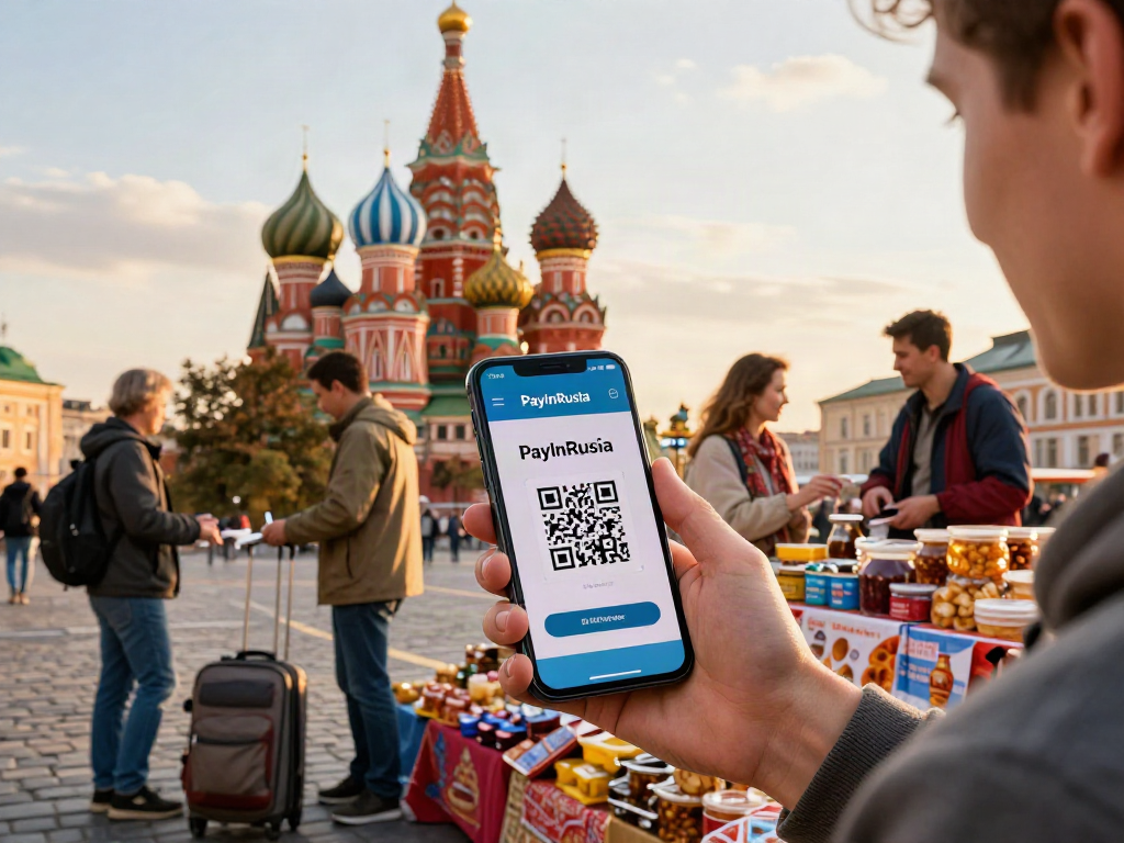 Pengembara menggunakan aplikasi https://payinrussia.com/ untuk pembayaran tanpa masalah di Rusia, dengan suasana bandar yang meriah.