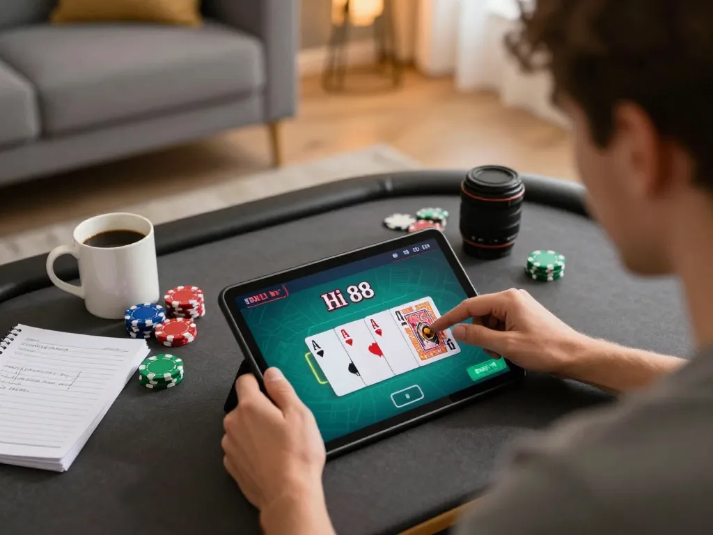 Player strategizing in a cozy setting while betting on the Hi 88 online casino platform.