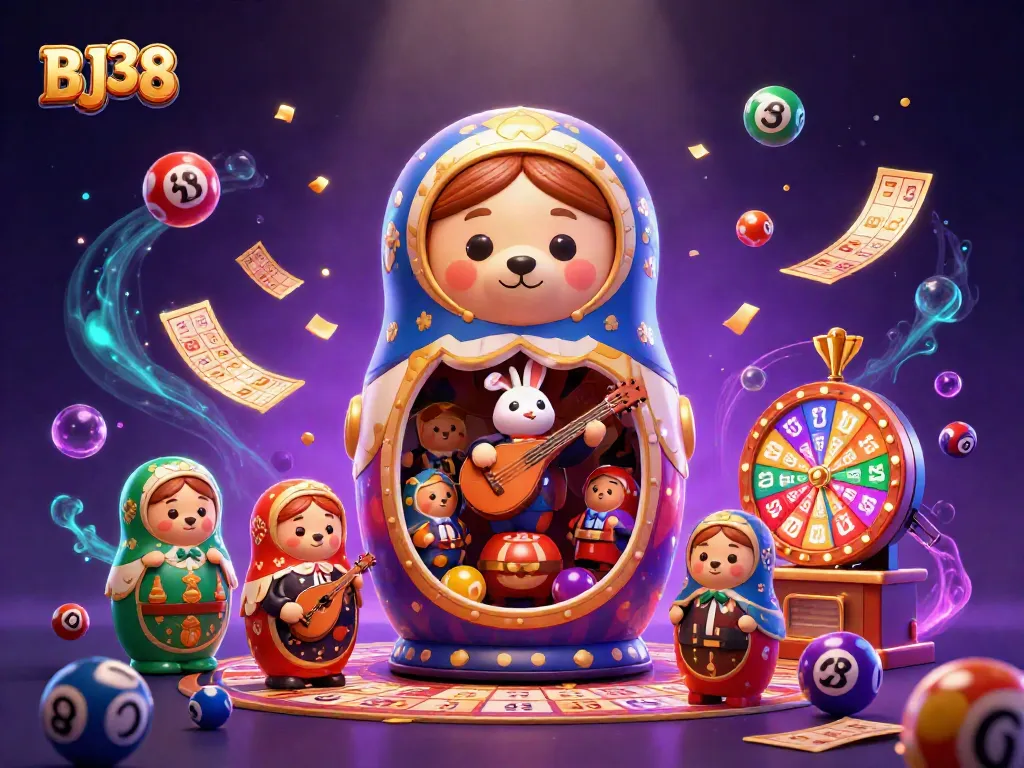 Engage with BJ38's vibrant casino scene featuring 3D cartoon characters and dynamic lottery elements.