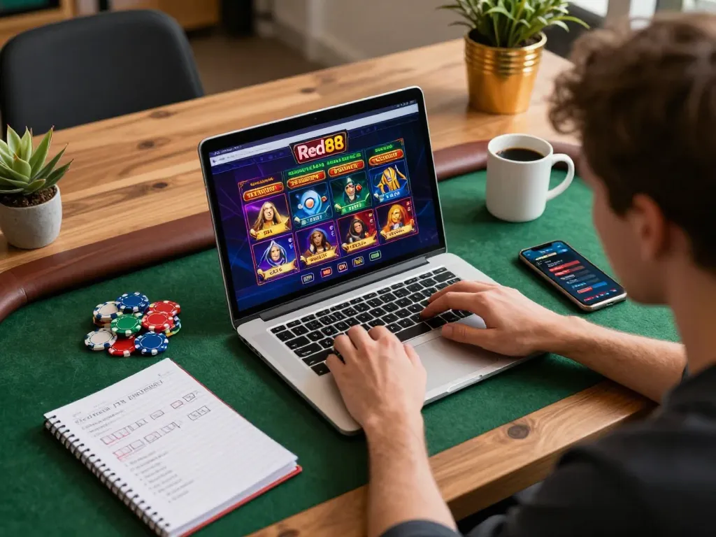 Player engaging with Red88 online casino gaming, displaying strategy notes and betting app, cozy atmosphere.