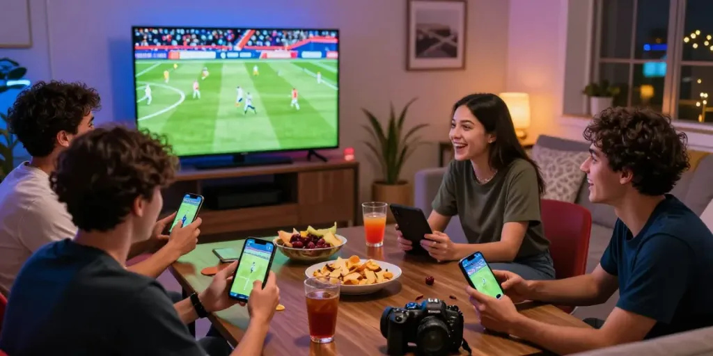 Menampilkan pengalaman streaming olahraga GLOWING88 penuh semangat di ruangan modern.