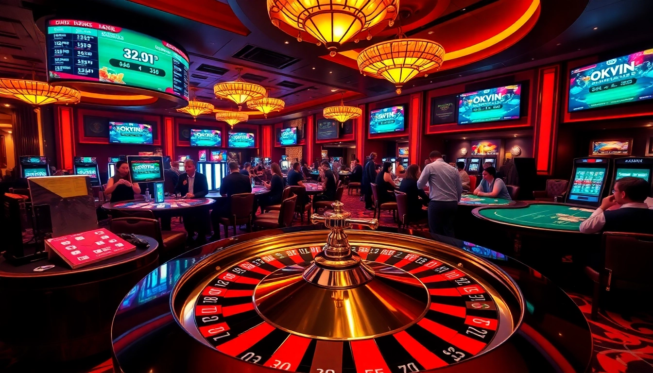 Experience the thrill of casino gaming at okwin with vibrant tables, roulette wheels, and eager players.