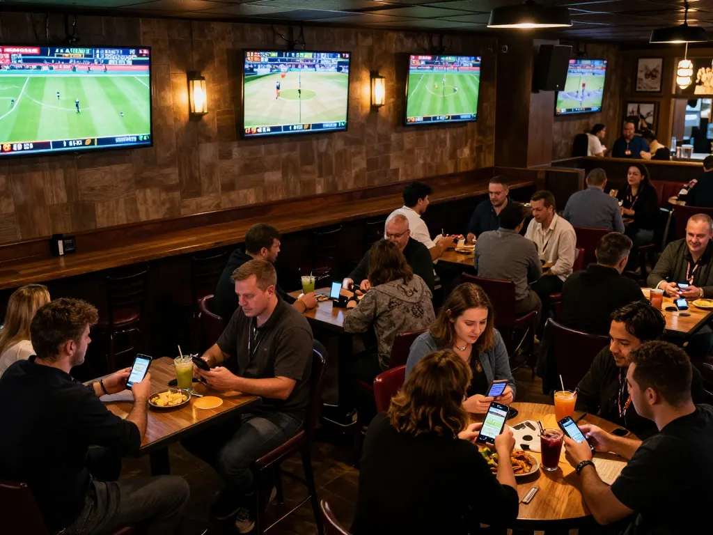rokok88 users placing bets on live sports events shown on multiple screens in a lively bar setting.