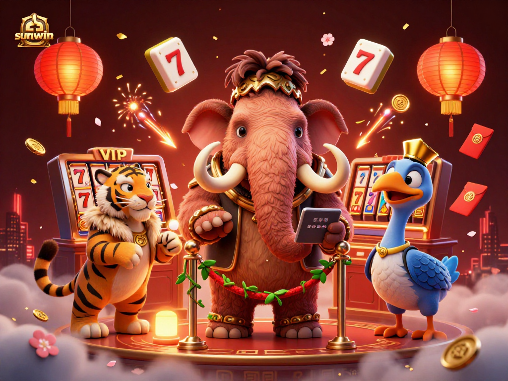 Engage with sunwin's vibrant gaming scene featuring a woolly mammoth bouncer and saber-tooth guest in a lively casino.