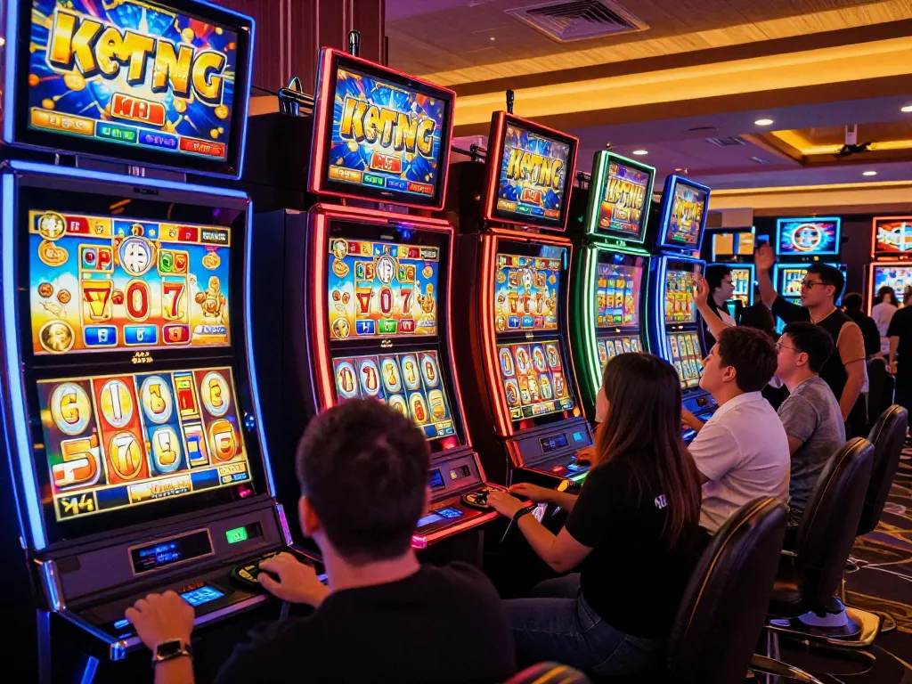 Players enjoying the excitement of slot777 machines in a vibrant casino atmosphere