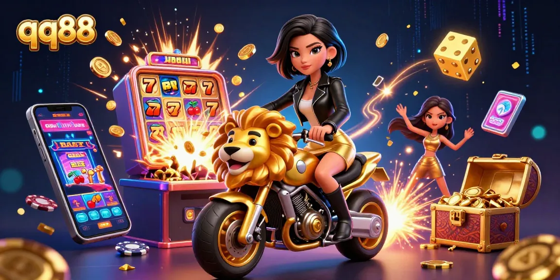 Engage in thrilling gaming adventures with qq88's vibrant 3D illustration featuring exciting casino elements.