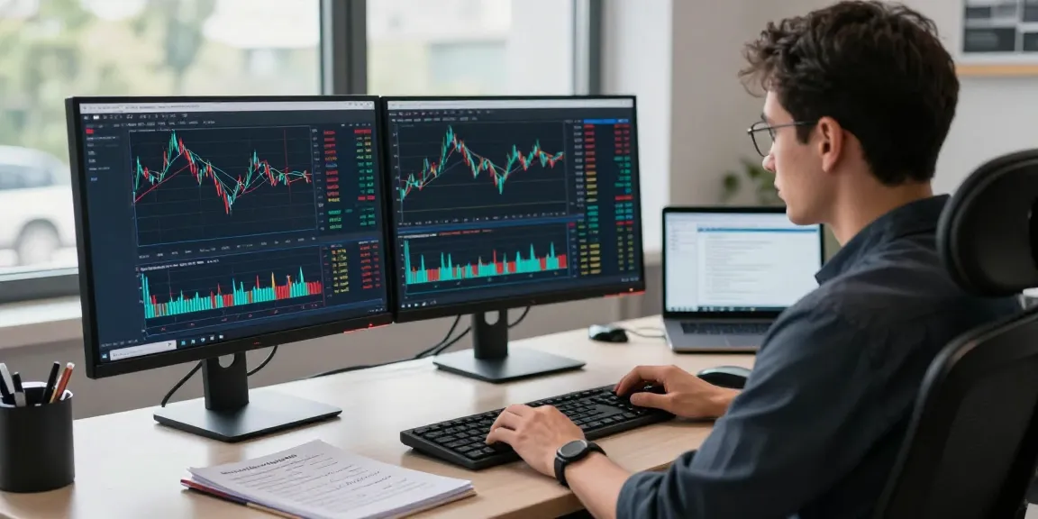 Expert using MT5 software on dual monitors for market analysis and trading.