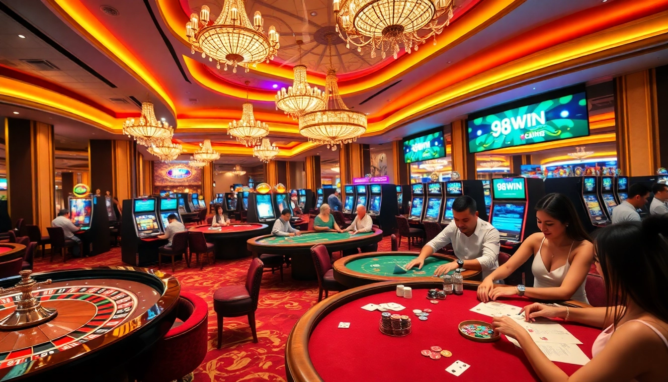 98WIN players excitedly gamble at luxurious tables in an upscale casino scene.