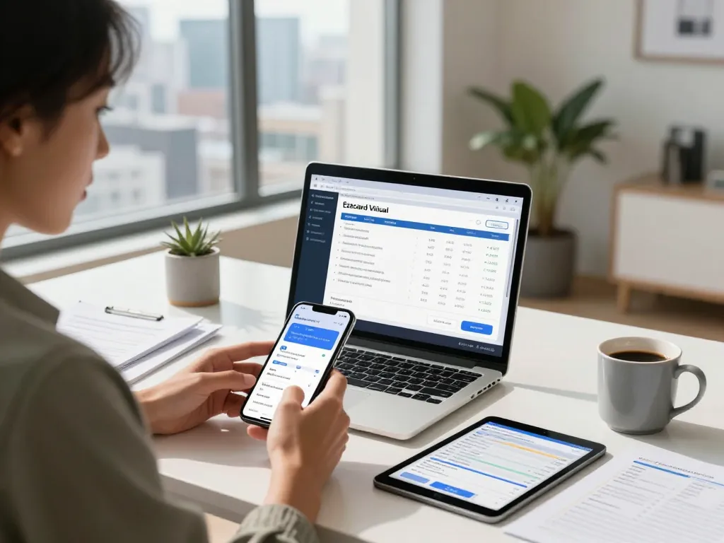 Ezzocard virtual prepaid cards displayed on a laptop in a clean home office, showcasing digital financial management.