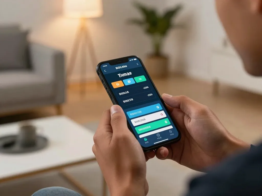 Player engaging in mobile sports betting using the DA88 app in a stylish home setting.