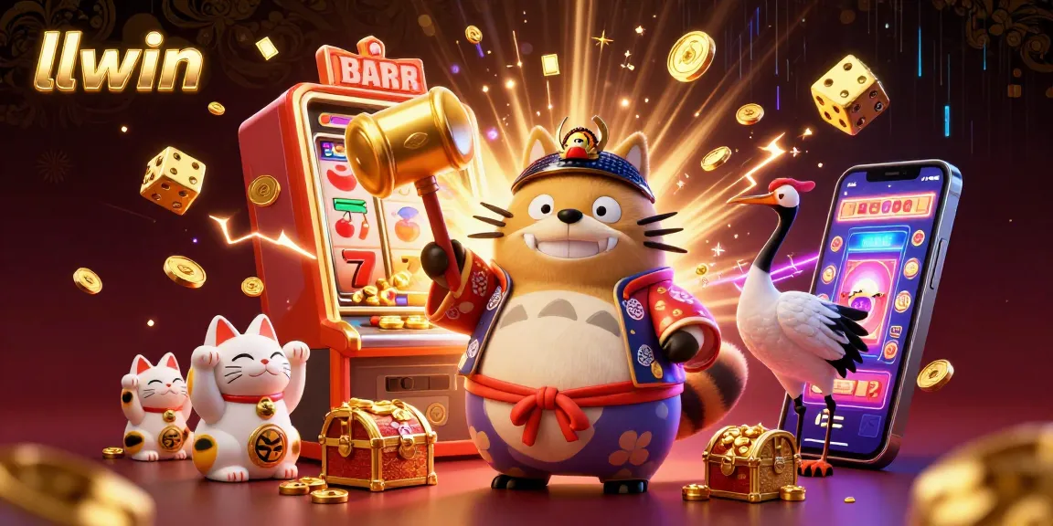 Spin to win at llwin with a joyful tanuki and lucky symbols in this vibrant casino scene.