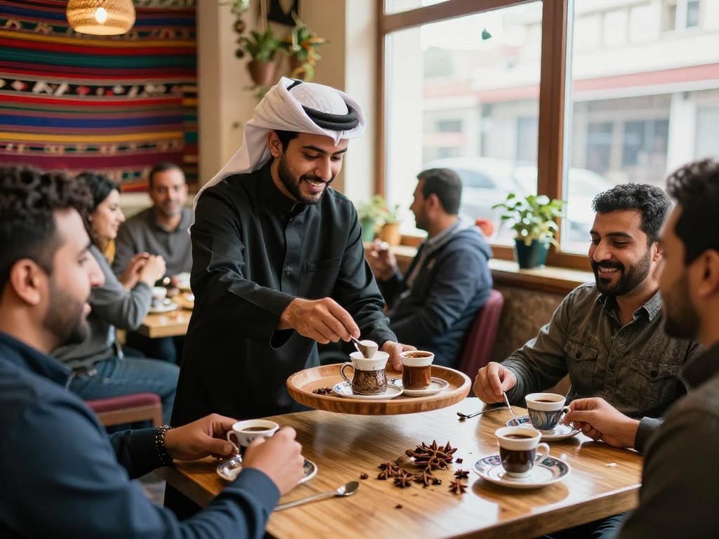 قهوجي وصبابين يقدمون القهوة العربية وسط أجواء مريحة بمقهى ممتلئ بالحياة