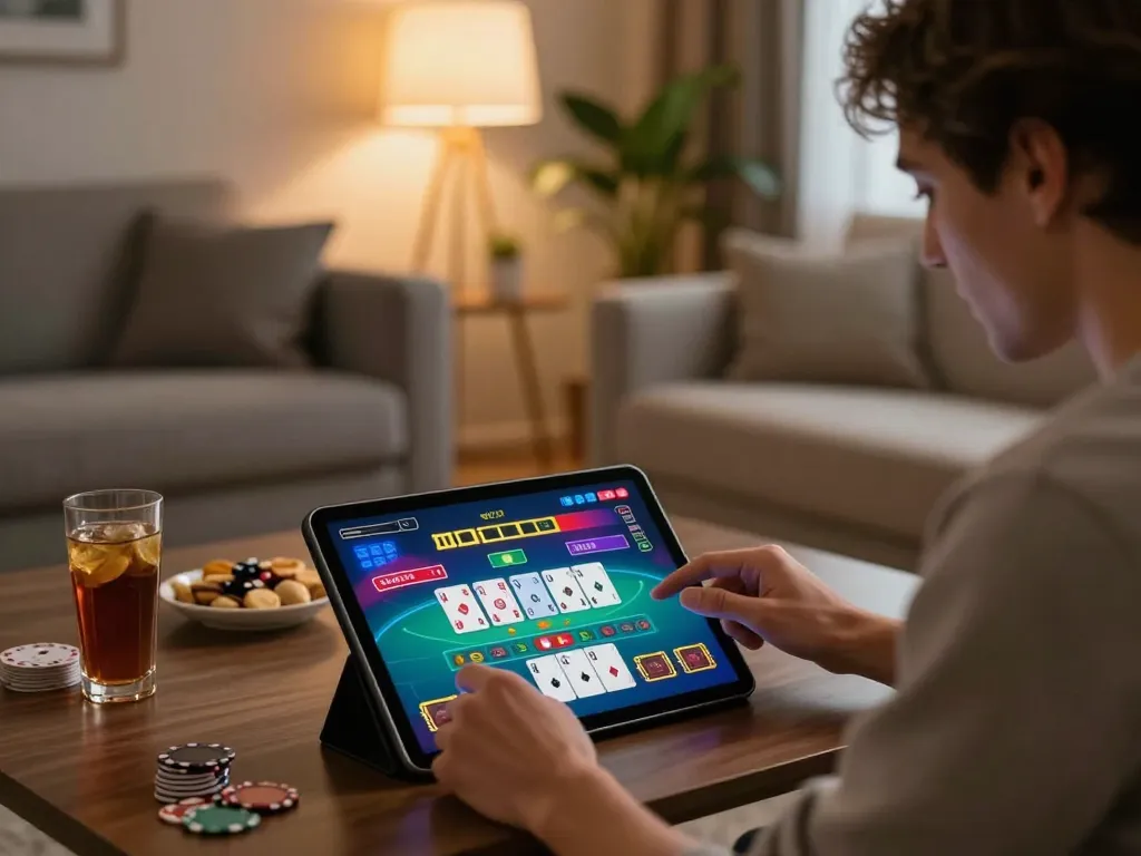 XIBET live dealer game on tablet in cozy modern setting with engaging atmosphere