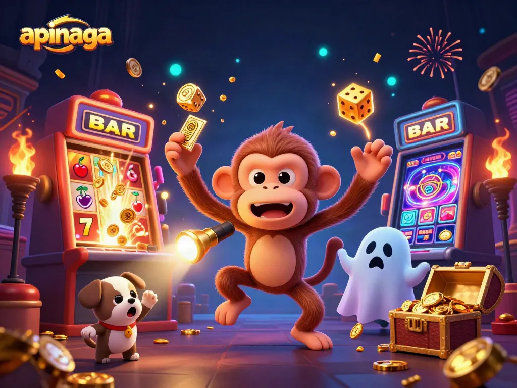 Engage in thrilling apinaga gameplay while witnessing a lively casino scene with vibrant characters.