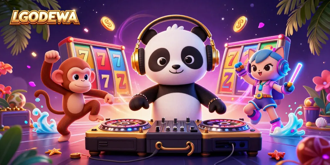 Experience exciting gameplay with LGODEWA's dynamic slot machines and lively characters in this vibrant illustration.