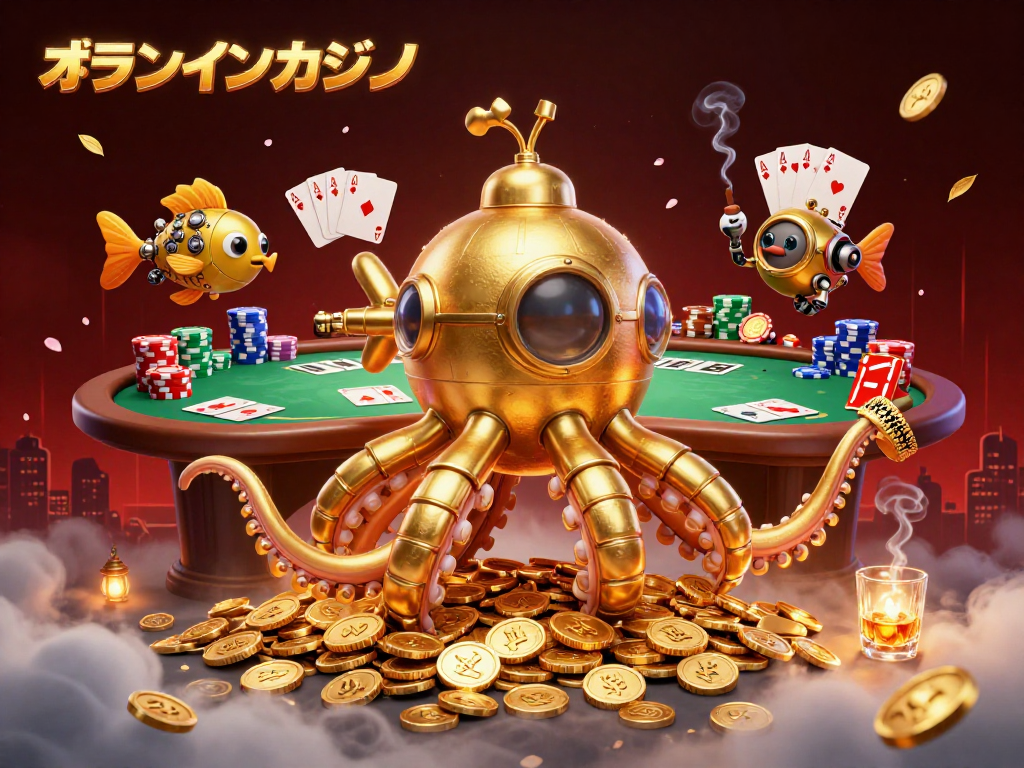 オンラインカジノのスリル溢れるデザインで、金色のクラーケンが現れるシーン