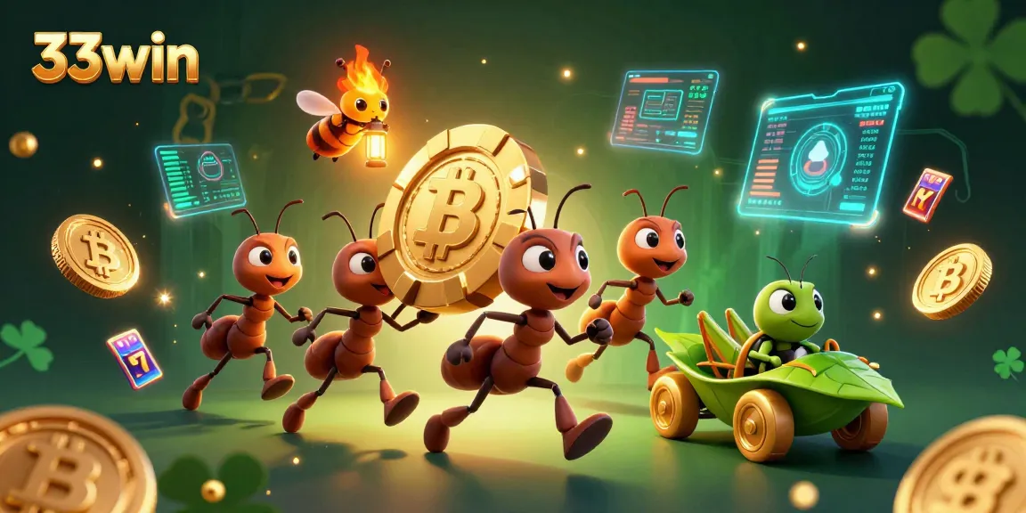 33win showcases a 3D cartoon ant team heisting a poker chip amidst crypto elements and vibrant casino details.
