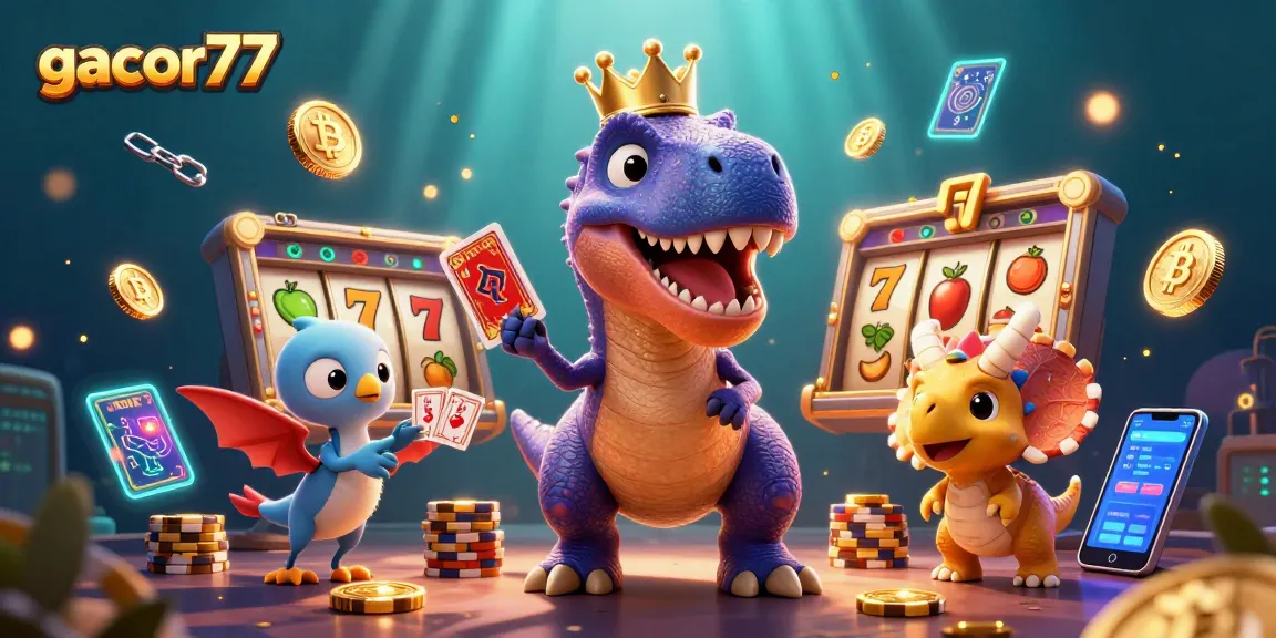 Menggandakan kemenangan dengan gacor77, T-Rex lucu bermain kartu sambil ditemani pterodactyl dan triceratops stacking chip emas.