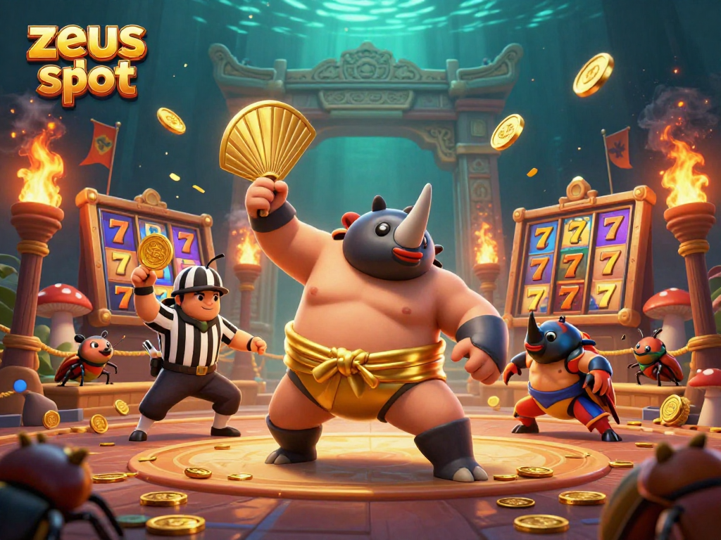 Experience the thrill of zeus slot with golden coins flying as a rhinoceros beetle champion takes center stage in this vibrant scene.