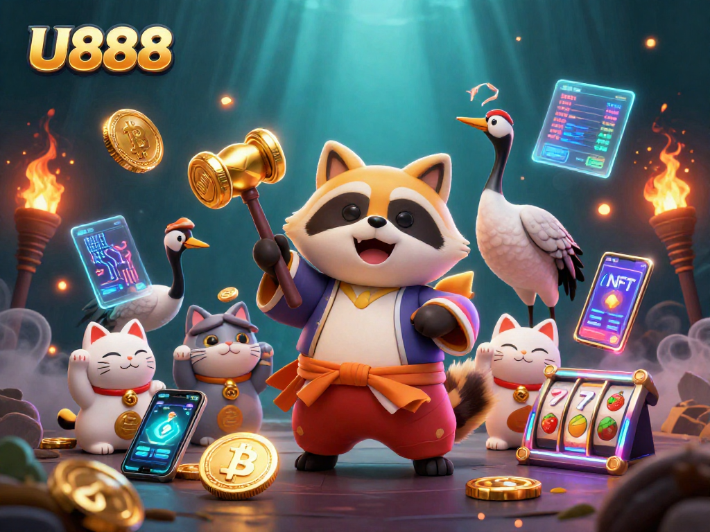 Experience U888 gaming thrills with festive characters and crypto elements in a vibrant casino scene.