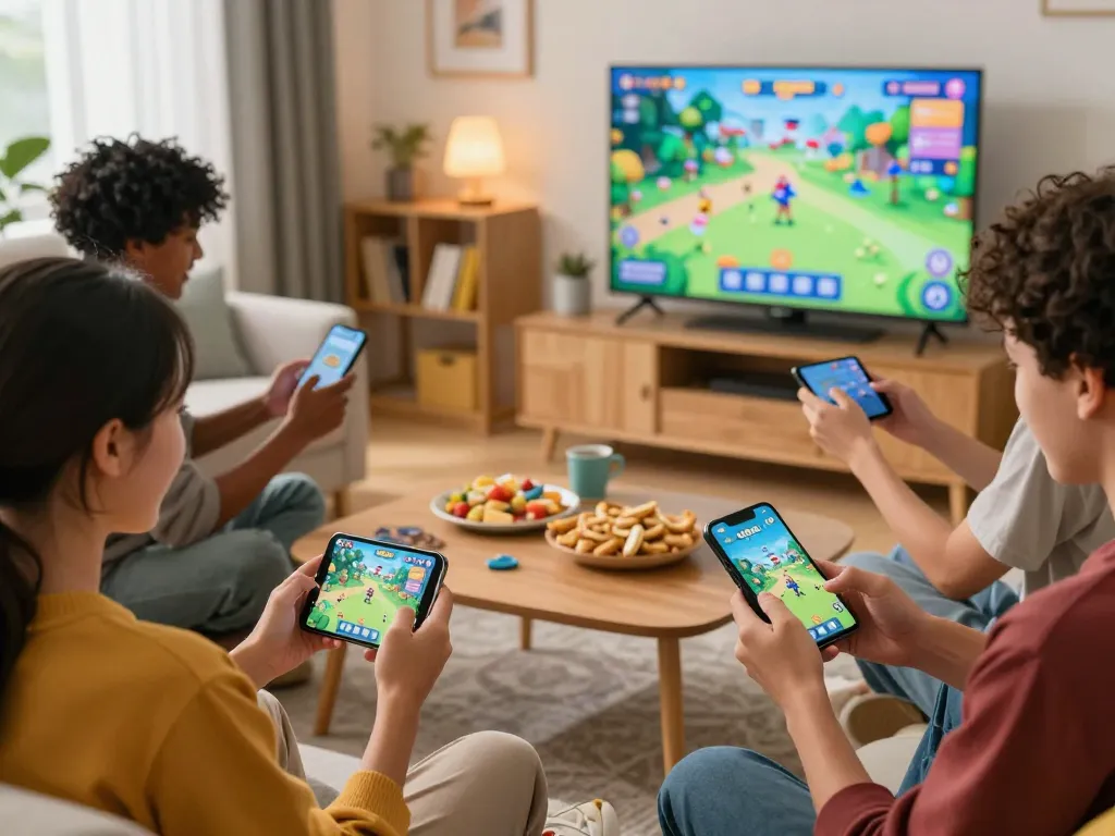 Friends enjoying the 92 Dadu game on smartphones in a cozy living room.