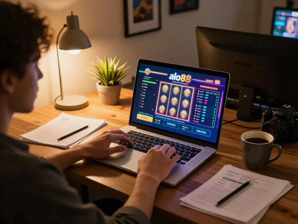 Alo88 player engaging in online slots betting at home, with a vibrant game interface visible on the screen