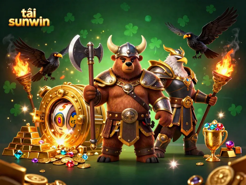 Experience the thrill of gaming with tải sunwin featuring a Viking bear and Valkyrie amidst golden treasures.
