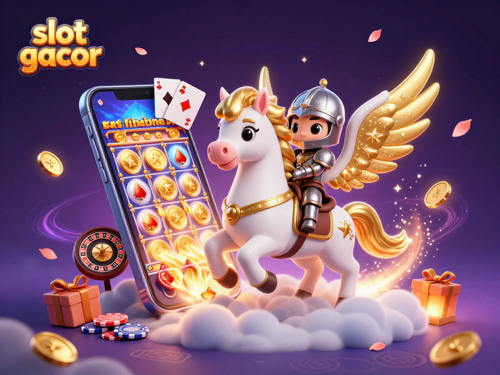 Mengguncang permainan slot gacor dengan karakter kuda bercahaya dan pahlawan cilik di latar pemandangan magis.