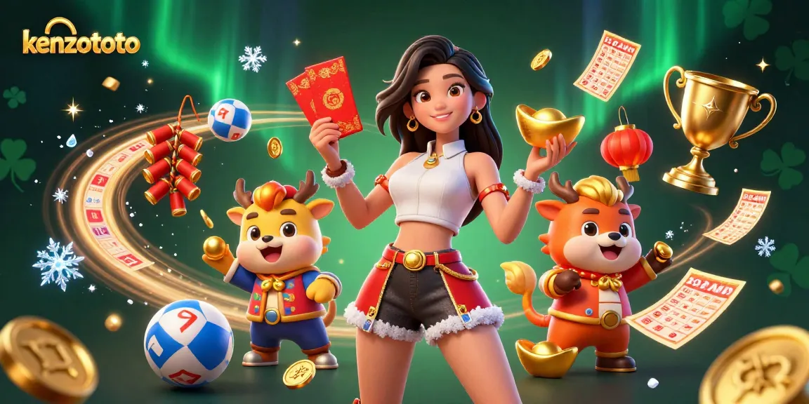 Win big with kenzototo in this vibrant lottery scene featuring festive characters and dynamic elements.