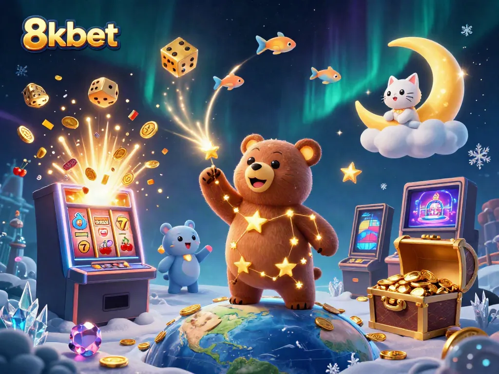 Engage with games at 8kbet as a cartoon constellation bear collects coins beneath a vibrant casino scene.