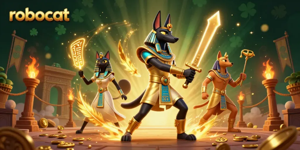 Engage in thrilling gameplay with robocat as ancient warriors battle amid swirling golden coins.