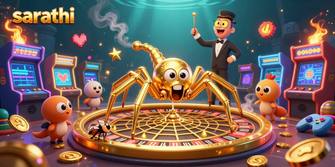 Experience thrilling bets with sarathi in a vibrant casino scene featuring golden characters and arcade elements.