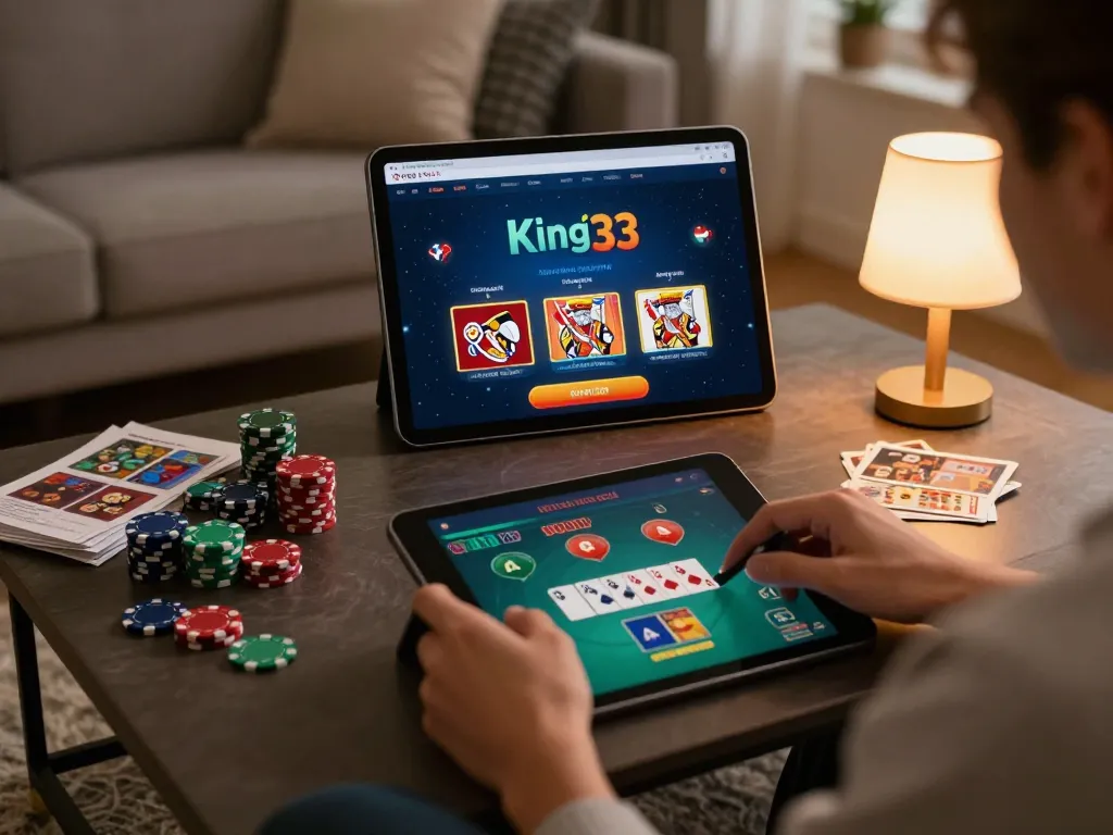 Player strategizing with the king33 app on tablet in a cozy home setting.