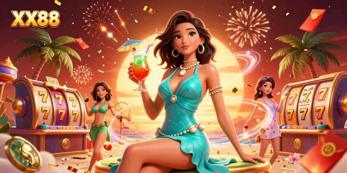 Spin the reels at XX88 with vibrant casino elements and an inviting tropical theme.