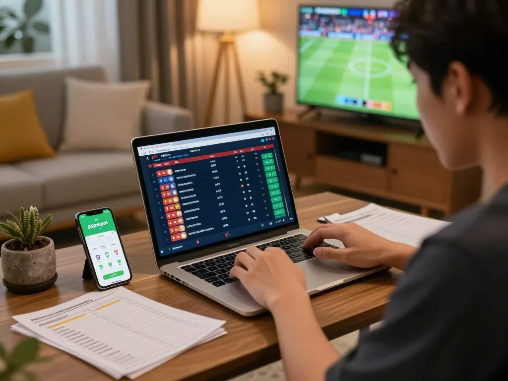 Betting on gojekpot app with analysis of odds and sports memorabilia in cozy home setting