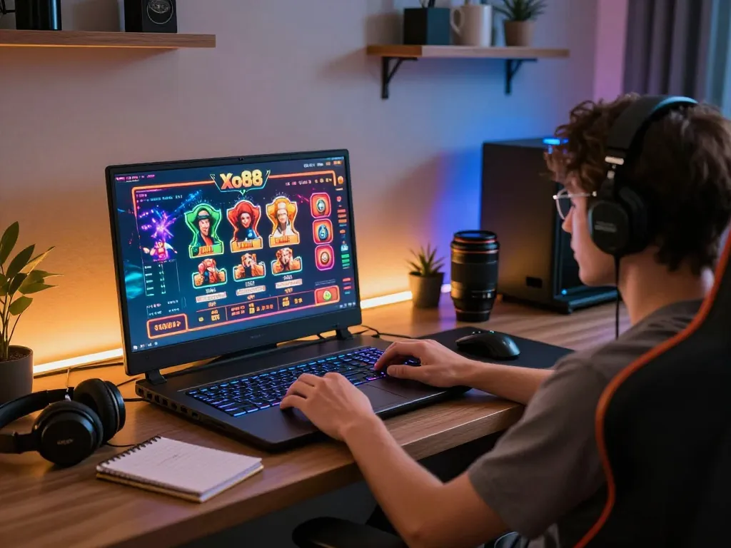 Xo88 gaming experience with a user engaged on laptop in a modern setup, showcasing online gambling atmosphere.