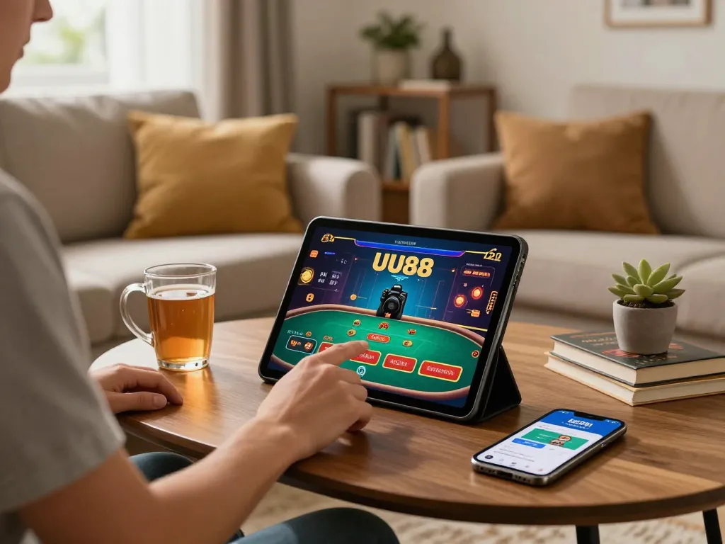 Player enjoying online gaming at UU88 with tablet, cozy home scene highlights responsible gambling.