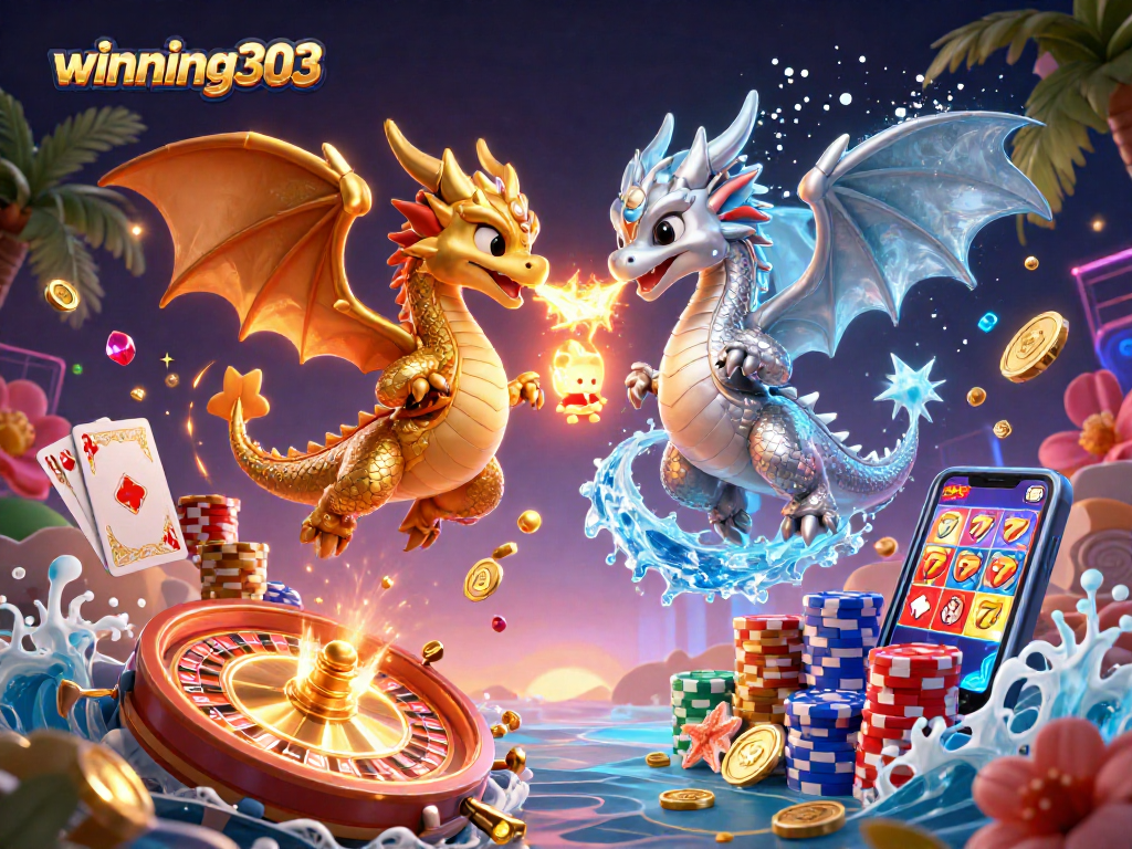 Winning303 features twin dragons battling with fire and ice amid casino elements and golden coins.