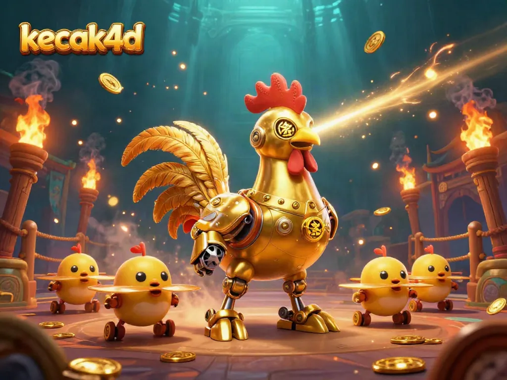 Experience the thrilling adventures of kecak4d with a golden rooster robot leading baby chick drones in a dynamic casino setting.