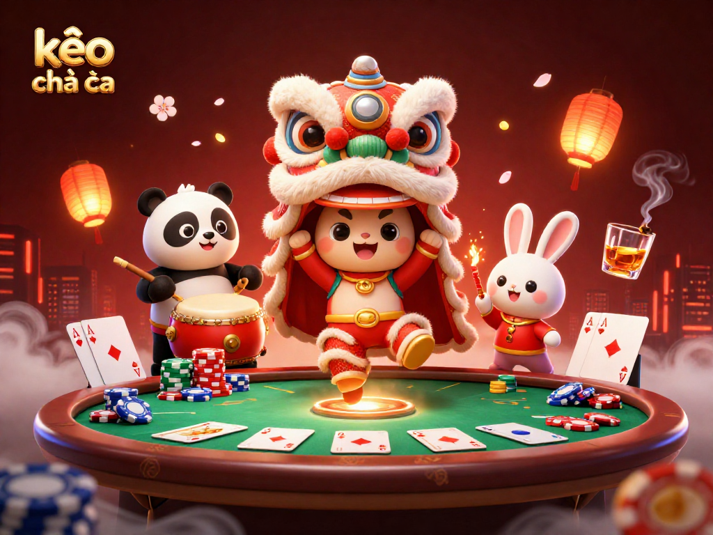 Engage with kèo nhà cái through a vibrant 3D illustration showcasing a lion dance, poker elements, and festive decorations.