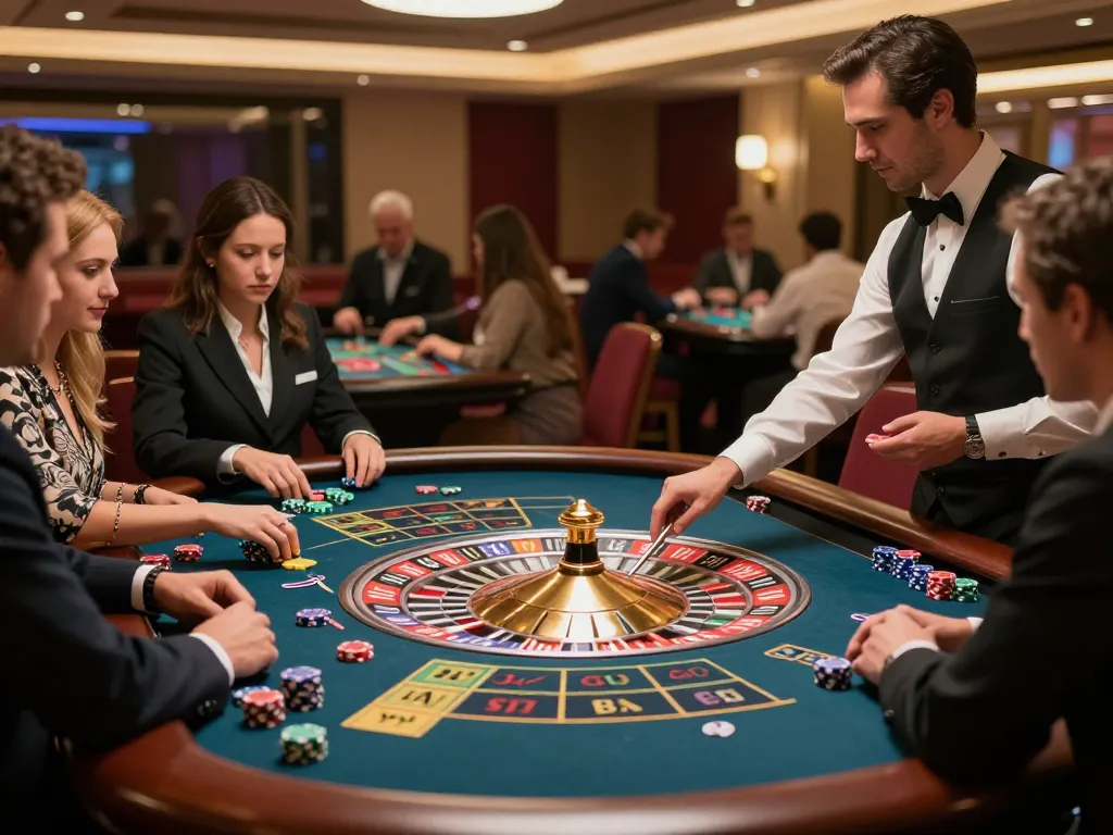 Players engage at a roulette table in a casino, aiming for superjp wins through strategic betting.