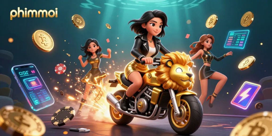 Experience thrills as phimmoi captures a glamorous scene of a woman riding a golden lion amidst vibrant casino elements.