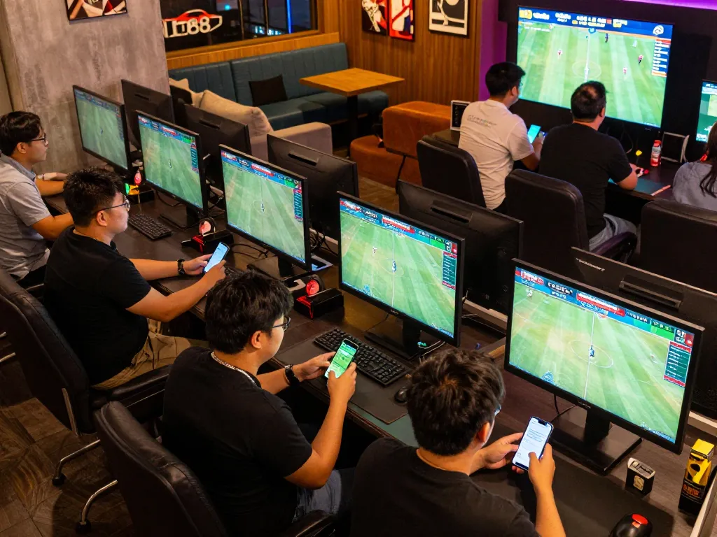 Engaging live sports betting atmosphere at Lu88, with enthusiastic bettors using smartphones and tablets to place wagers.