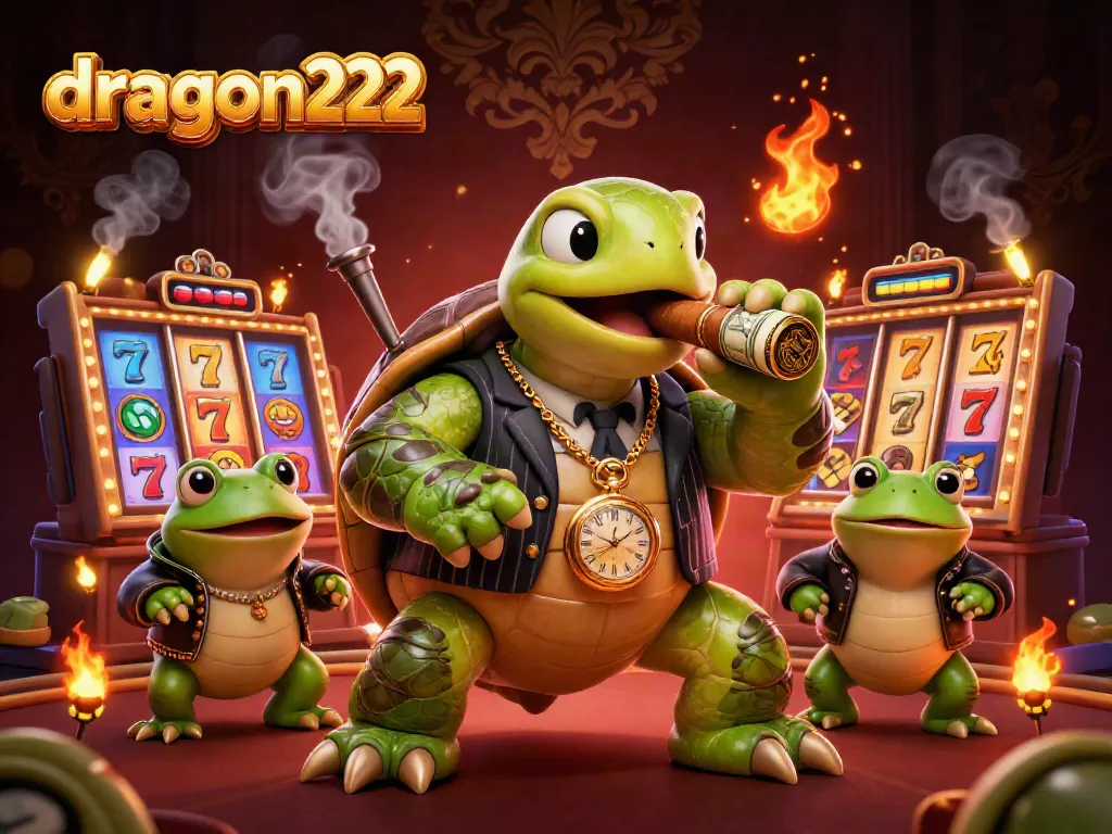Experience the thrill of dragon222 slots with a lively turtle mobster and bullfrogs illuminated by vibrant casino lights.