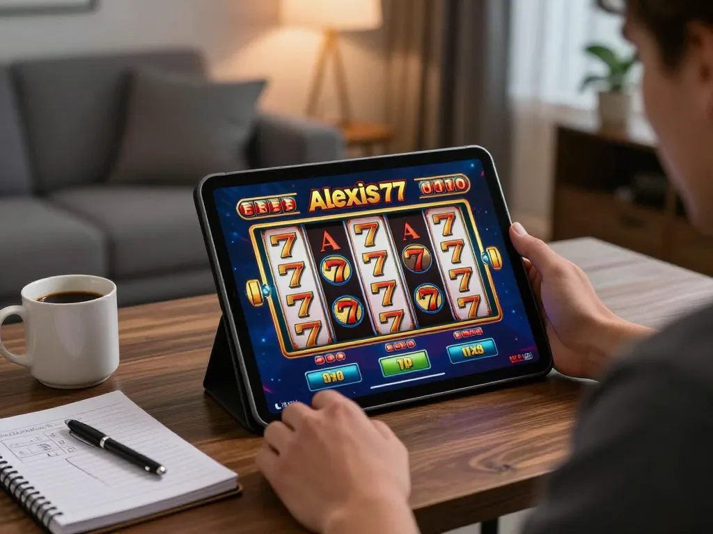 Playing alexis77 slot online in a cozy home setting with a tablet, strategy notes, and warm lighting.