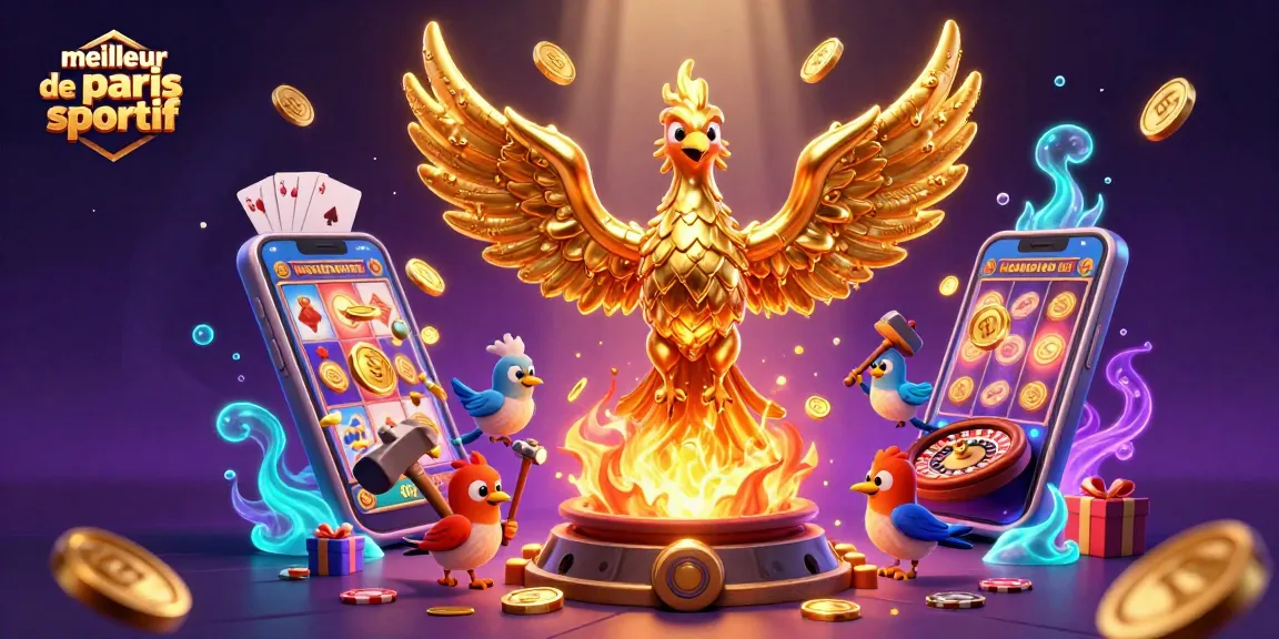 Visuel captivant du meilleur site de paris sportif avec un phoenix doré et des jeux de casino en animation.