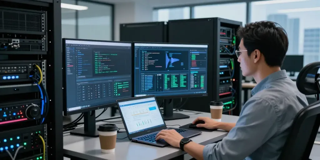 Pengelola sistem memantau hypervisor di pusat data modern dengan layar dan grafik kinerja yang terlihat.
