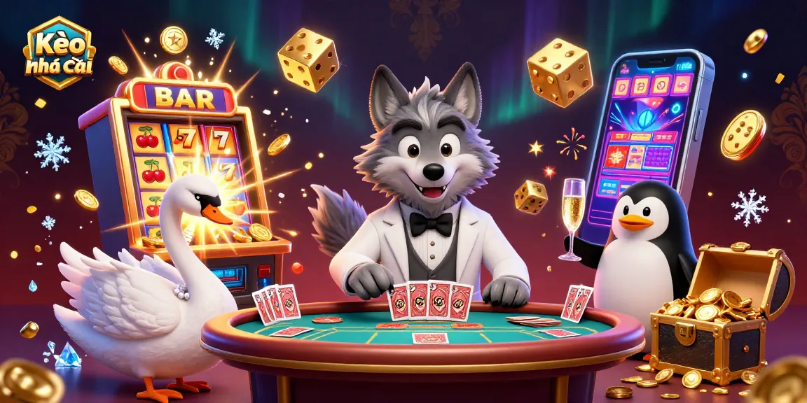 Experience Kèo nhà cái with a lively casino scene of cards, slots, and festive elements.