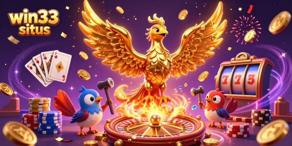 Experience the excitement of win33 situs with a captivating 3D golden phoenix and animated casino elements.
