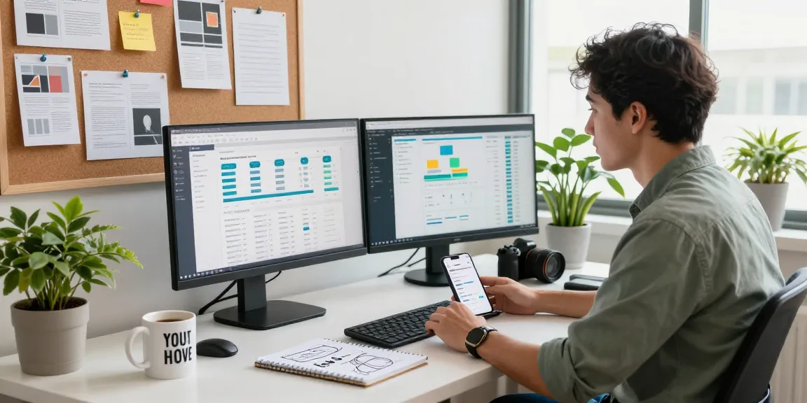 Innovative digital marketing workspace featuring scenadomen.pl with analytics dashboards and creative brainstorming elements.